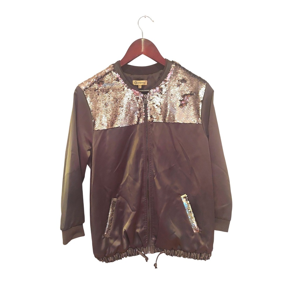 Democracy‎ Womens Olive Green Satin Sequin Bomber Jacket Full Zip Medium
